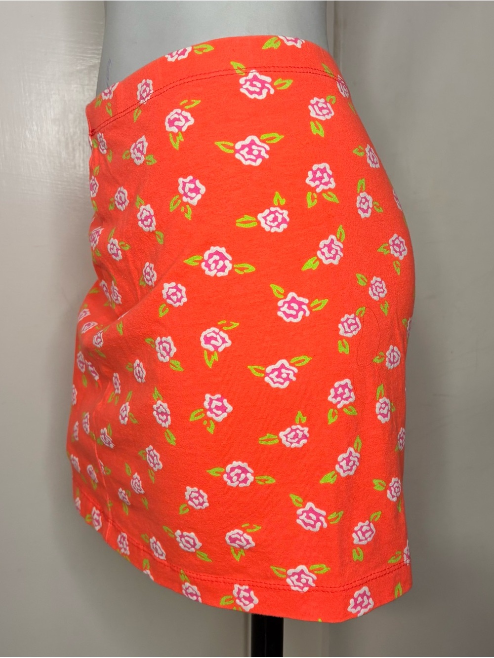 Vintage 80s/90s OP Neon Orange Floral Print Bodycon Mini Skirt - Picture 2 of 5